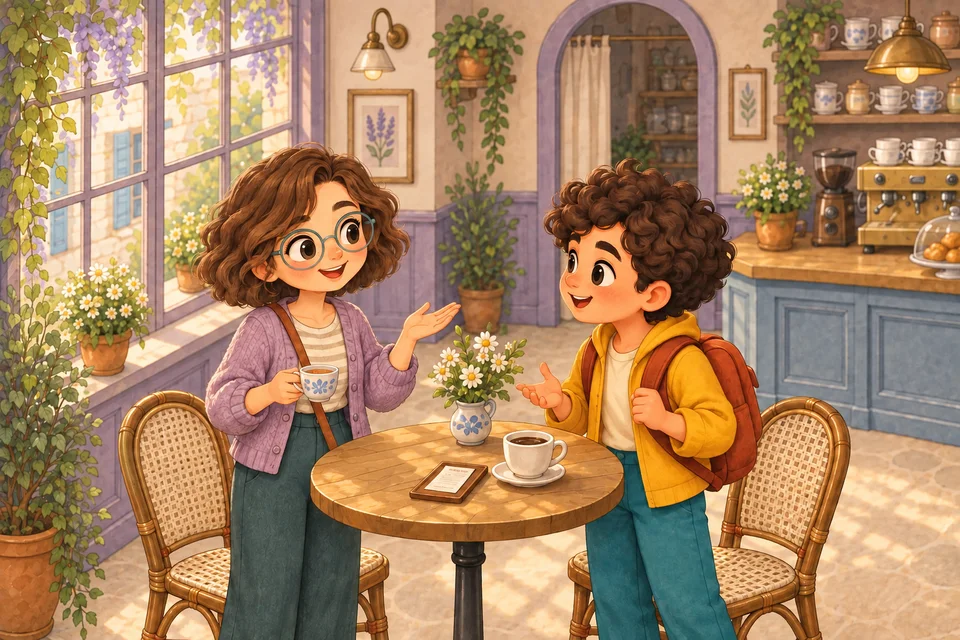 Élise and the player chat beside their drinks at the café window table