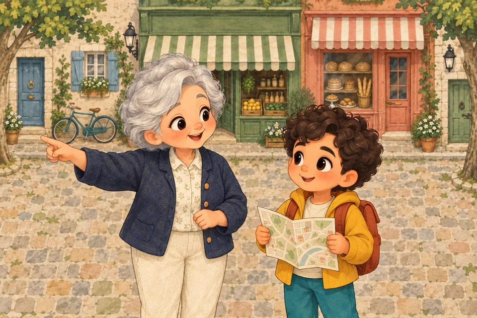 Illustration of Mrs Bernard giving the player directions in the village