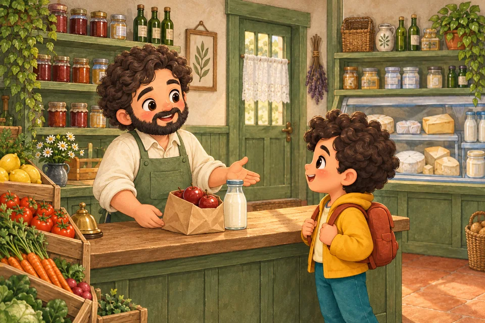 The player asks Luc for groceries at the green shop counter