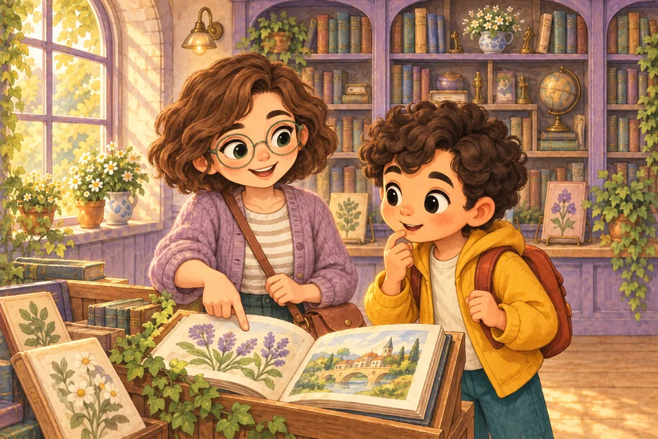 Élise and the player compare illustrated books at the village library