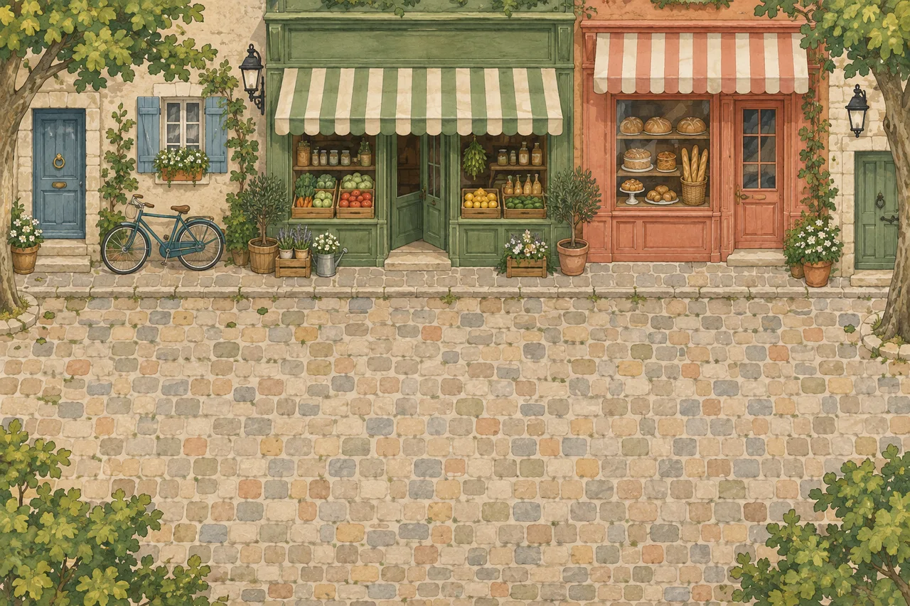 A watercolor neighborhood with a green grocery shop, a bakery and a bicycle