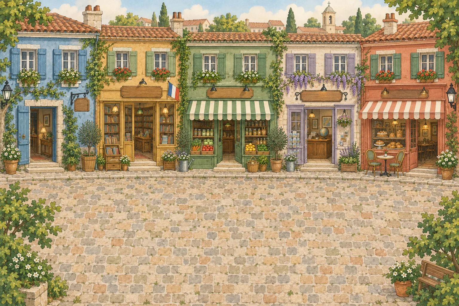 A watercolor village square with a blue welcome house, French bookshop, green grocery, credit counter, and a terracotta café